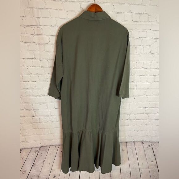 ZARA Trafaluc TRF Olive Khaki Oversized Shirt Dress w/ Frill Ruffle M - Picture 12 of 13